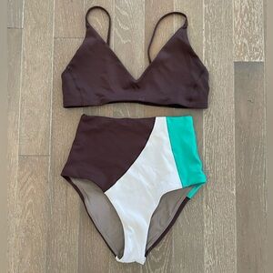 Left On Friday Brown White Teal Colorblock High-Waist Bikini